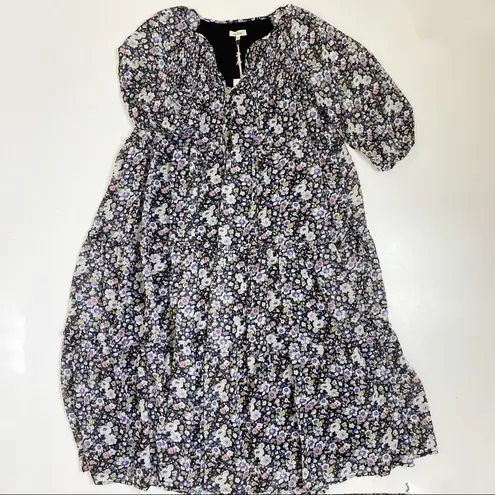 In Loom Floral Tiered Long Sleeve Midi Dress Black S