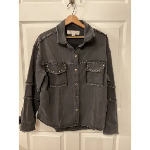 Vintage Havana Studded Peace Sign Twill Black Oversized Shacket, S