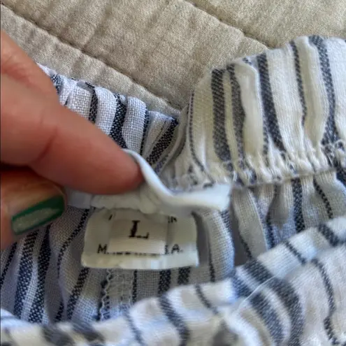 Bryn Walker 100% Linen white blue stripe Lagenlook Boho Wide Leg Pants L