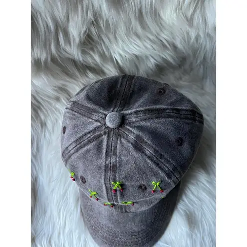 Gray Baseball Cap with Embroidered Green and Pink Cherries
