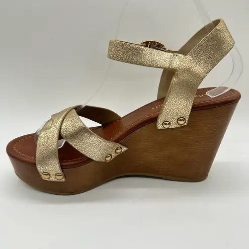 City Classified Sandal Womens 8 Brown Gold Criss Cross Ankle Strap Chunky NEW
