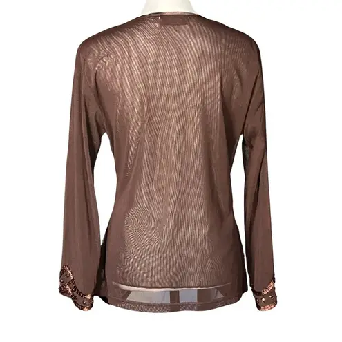 Y2K Vintage Fairycore Boho Sheer Beaded Embellished Long Sleeve Going Out Top Brown Size L