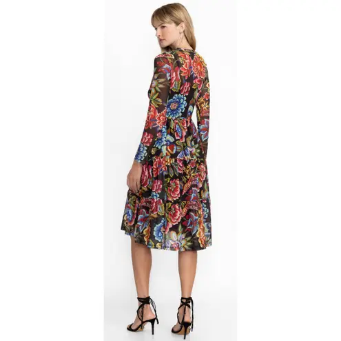 Johnny Was jade Long Sleeved Tiered Midi Dress Black Floral Mesh Large Slip