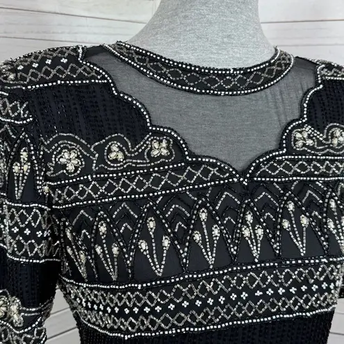 Laurence Kazar Lawrence Kazar Silk Beaded Evening Top Blouse Black Silver Medium