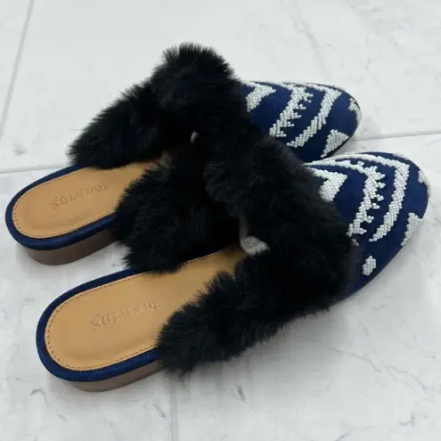 Soludos NEW! Sedona Beaded Leather Faux Fur Mules Size 6.5M Navy White Black