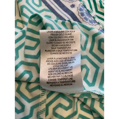 Donna Morgan Green Geometric Print Dress Blue Trim Bell Sleeve A-Line