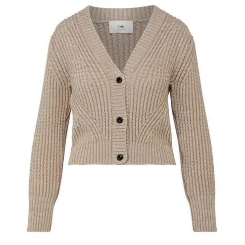 AMI Short Ribbed Cardigan button front 100% virgin wool SIZE SMALL NEW Tan