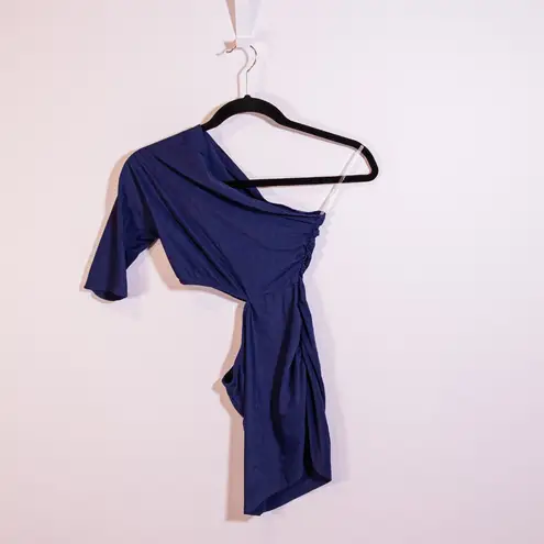 Cushnie Et Ochs One Shoulder Cut Out Ribbed Knit Stretch Mini Dress Blue XS