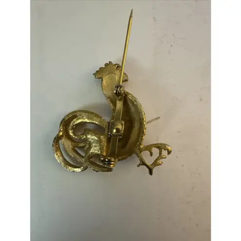Beautiful Vintage Goldtone Red Rhinestone ROOSTER Chicken Brooch Pin Pin Gold