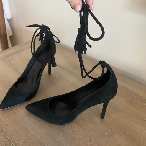 Joie black suede ankle tie pointed toe heels