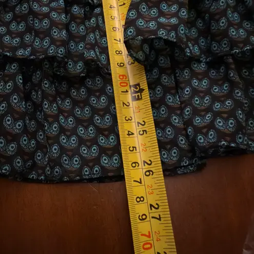 Yazbek Ya Black & Teal Owl Print Strapless Dress Ruffle Hem Silk Blend - Size M