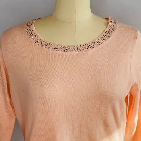 New York And Company Sparkle Neckline Lightweight Sweater- Peachy Pink- Size Large