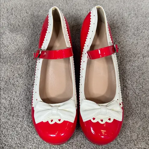 Women’s Red Chunky Heel Mary Jane Pumps Cute Bow & Hearts Round Toe Size 9 NEW Red