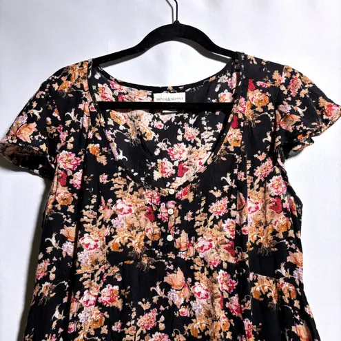 D&S Ralph Lauren Moody Floral Dress 12 Babydoll Flutter Sleeve Romantic Boho SEE Black