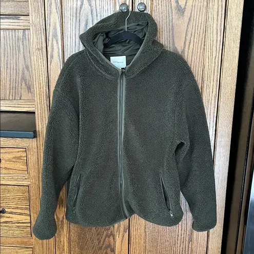 Daily Ritual Teddy Sherpa Fleece Hooded Zip Jacket Bomber Athleisure Soft Large Green