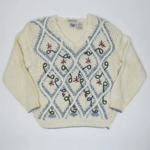 Vintage 70s Huntington Ridge Hand Knit Floral Sweater Size L