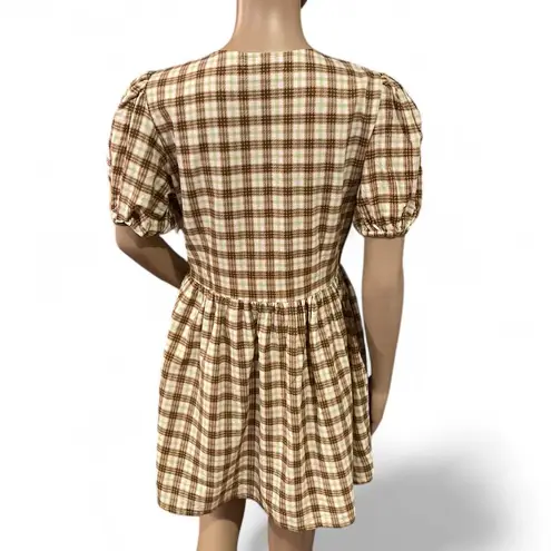 Motel Plaid Puff Sleeve Tie-Front Dress Size S Brown & Green Check Cottagecore
