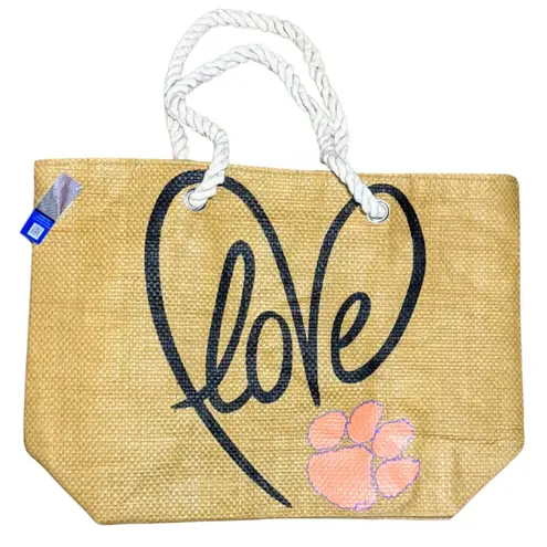 🆕 Clemson Tiger Paw Love Oversized Straw Tote Bag Rope Handles Tan