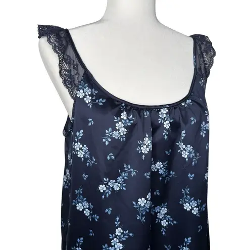 LRL Ralph Lauren S Black Label Satin Lace Floral Nightgown Sleep Slip Dress Logo Blue