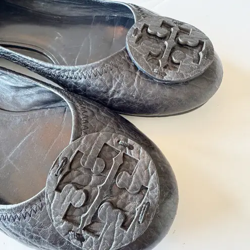 Tory Burch  Reva Ballet Flat Matte Black Croc Embossed Leather Logo Size 8 Womens