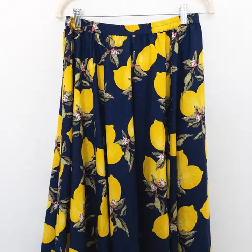 Womens Maxi Skirt Size S Navy Yellow Lemon Print Coastal Resort Maximalist Boho Blue