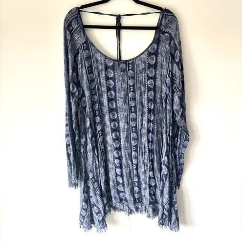 Somedays Lovin Blue Batik Print Lightweight Scoop Neck Mini Dress Raw Hem Boho