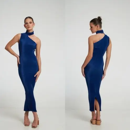 L’IDEE Regal Blue 90s One Shoulder High Neck Satin Plisse Lettuce Hemline Dress Size 10