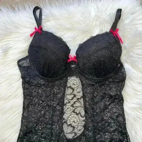 Dreamgirl Lingerie Y2K Black Floral Lace Babydoll Dress Medium Garters Neon Pink