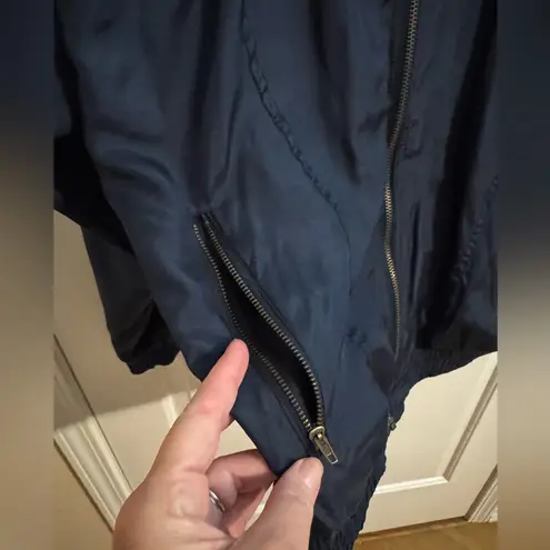 Lavon Vintage Womens Silk Bomber Zip Jacket Pockets Navy Blue XL