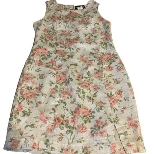 Sag Harbor VINTAGE 1990'S PETITE BEIGE, PINK & GREEN FLORAL PRINT DRESS (12P)
