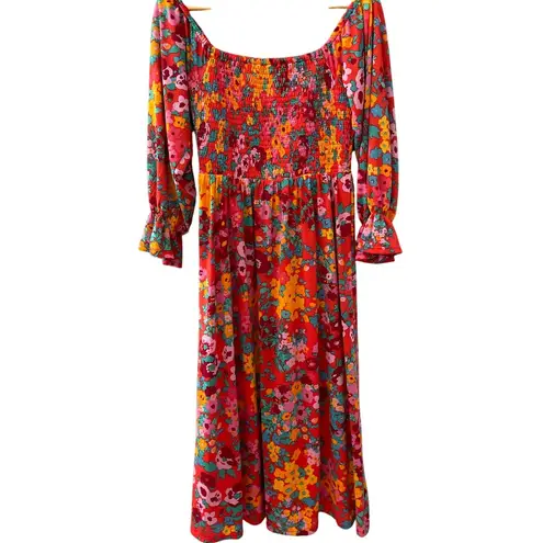 Sugar Lips  Francesca Vibrant Wildflower Denni‎ Smocked Midi Dress Size Small