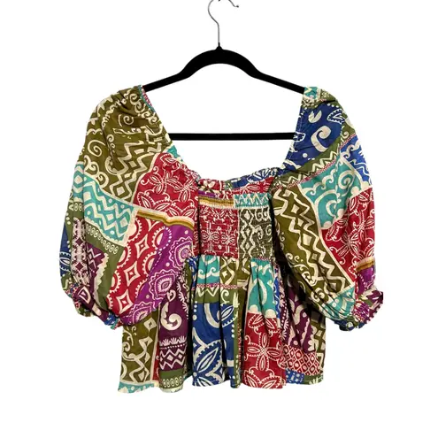 Dress Forum Los Angeles NWOT Multicolor Patchwork Square Neck Puff Sleeve Top