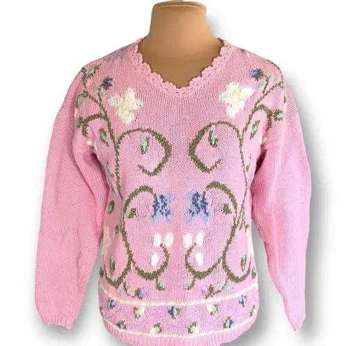 Vintage 90s Embroidered Floral Sweater Pink Scalloped Neck Cottage Flower Knit Size M