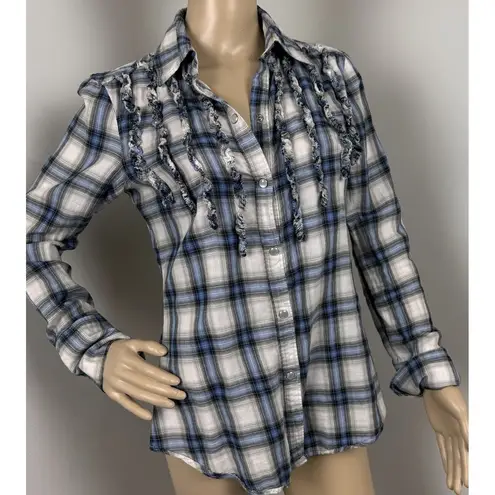 Seven7 Pleated Ruffle Blue Plaid Pearl Snap Button Front Long Sleeve Top Medium - Image 13