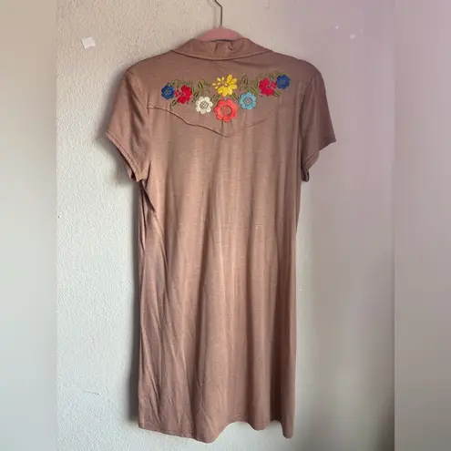 Uncle Frank Brown Multi Color Floral Embroidered Boho Collared T-Shirt Dress L