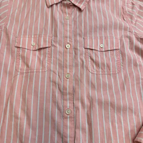 L.L.Bean  Women's Striped Button Down Roll Tab Blouse L LG Large Reg Pink White