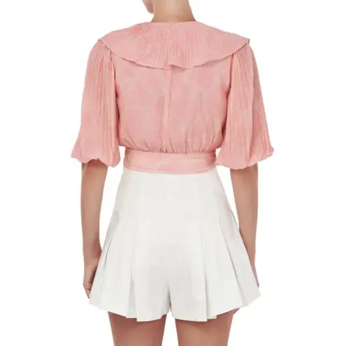 Amur 💕💕 Naya Ruffled Wrap Top Lemon Peach Rose Lace Small Puff Sleeve Crop Top