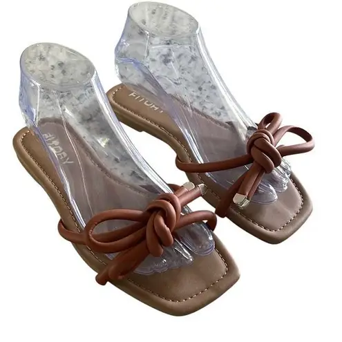 Fitory Womens Square Open Toe Knotted Strap Thong Flat Sandals Brown Size 8