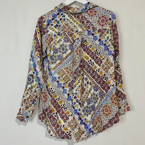 Raga Women’s Abstract Romina Collared V-Neck Button Up Top White & Pink Sz S NWT