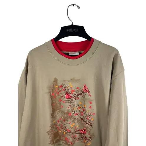 Top Stitch by Morning Sun Sweatshirt Cardinals Birds Fall Leaves Beige Red XL