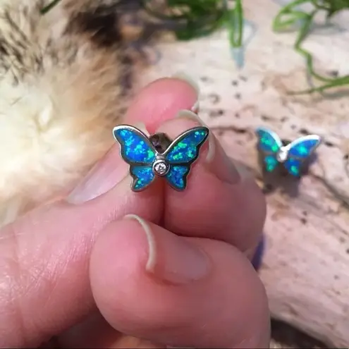 Sterling Silver Butterfly Blue Opal CZ  Earrings