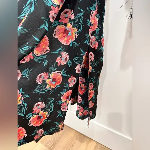 MISA Los Angeles NWT Robe Size XS Black Satin Floral Caftan Duster Fringe Boho