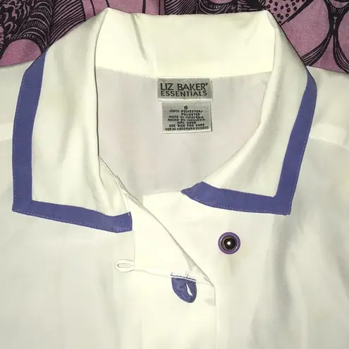 Liz Baker White Periwinkle Trim Vntg Blouse VGUC 6