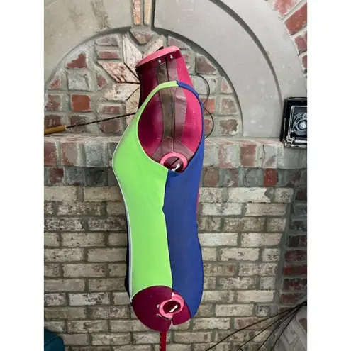 one piece swimsuit color blocked stripe ribbed blue white neon green 1990s Size L