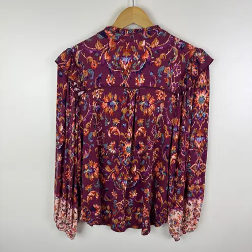 Democracy Floral Popover Top Size PM Burgundy Stretch Soft Comfort Boho Hippie