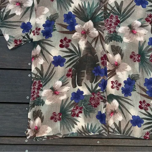 Cotton Dressbarn Tan Floral Hawaiian Button Up Shirt w/ Cream/Blue Flowers Size XL