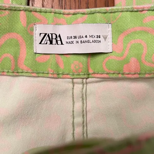 ZARA  Green & Pink Floral‎ Print Flare Cropped Stretch Denim Jeans Y2k Size 4