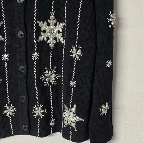Vintage Bobbie Brooks Sweater XL Black Snowflake Embroidered Beaded Ramie Blend
