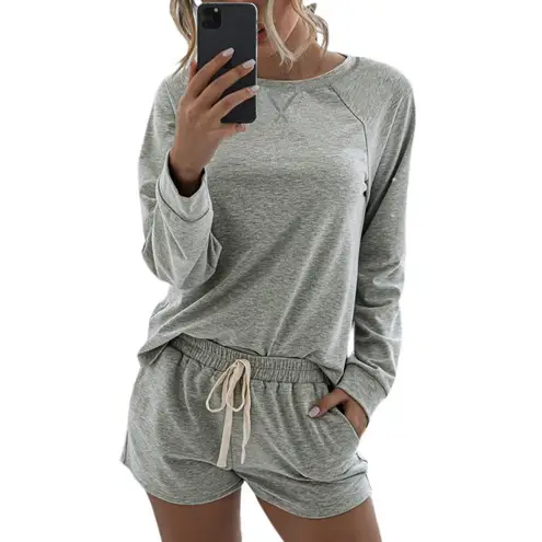 So Cozy Long Sleeved Drawstring Short Lightweight Lounge Set in Gray Size S,M,L,XL,2XL