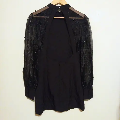 Main Strip Mock Neck Mini Dress-Large-Organza Sheer Sleeves-Pearl Embellishments